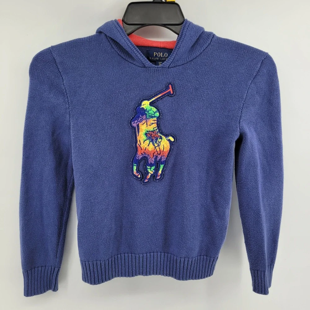 Polo Ralph Lauren‎ Boys Size Small (8) Knit Hoodie Sweater Blue Tye Dye Big Pony